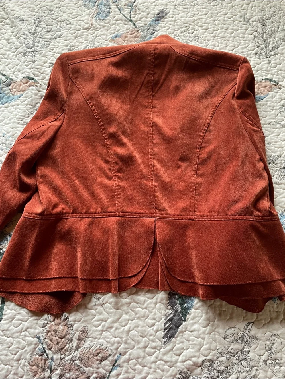 Double Breasted Suede Look Rust Color Ruffled Jacket - Picture 9 of 14